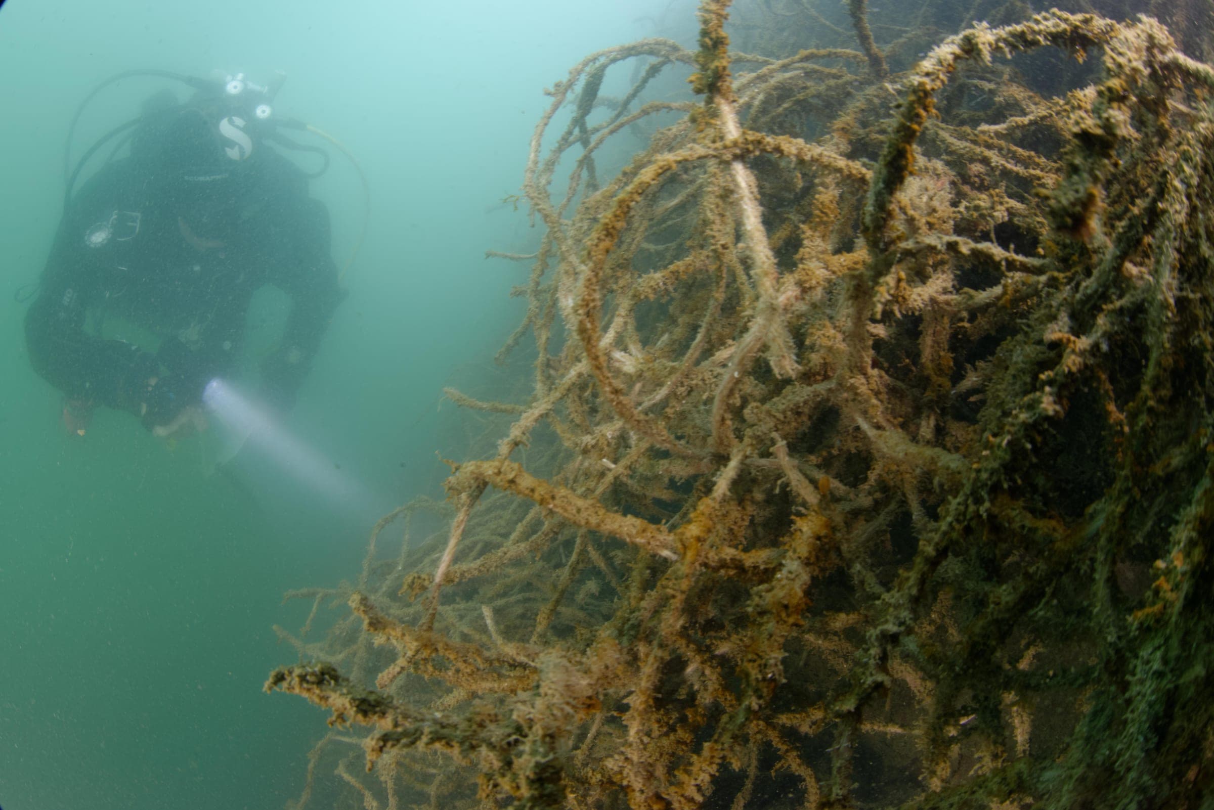 A diver swimming among concrete artificial reef structures on the seabed