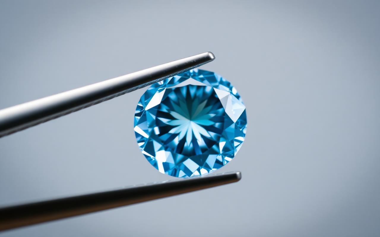 A finished blue memorial diamond, held by tweezers after cutting and polishing.